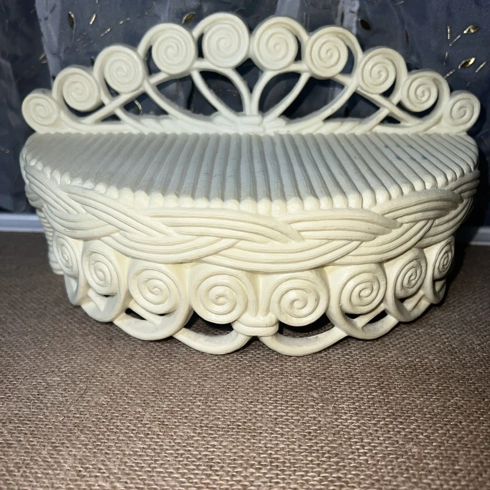 Vintage Burwood Half Round Ornate Wall Shelf 70s Faux Rattan MCM White Plastic